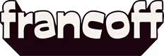 Texte stylisé blanc 'francoff' sur fond noir.