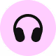 Icône de casque audio noir sur fond circulaire rose clair.