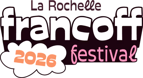 Logo du festival Francoff 2026 à La Rochelle avec texte en blanc, rose et orange sur fond noir.