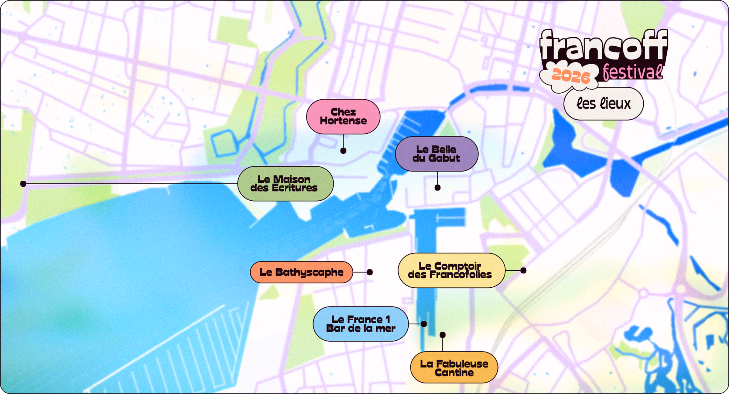 Carte montrant les lieux du festival Francoff 2026 avec des points et noms colorés marquant les sites.