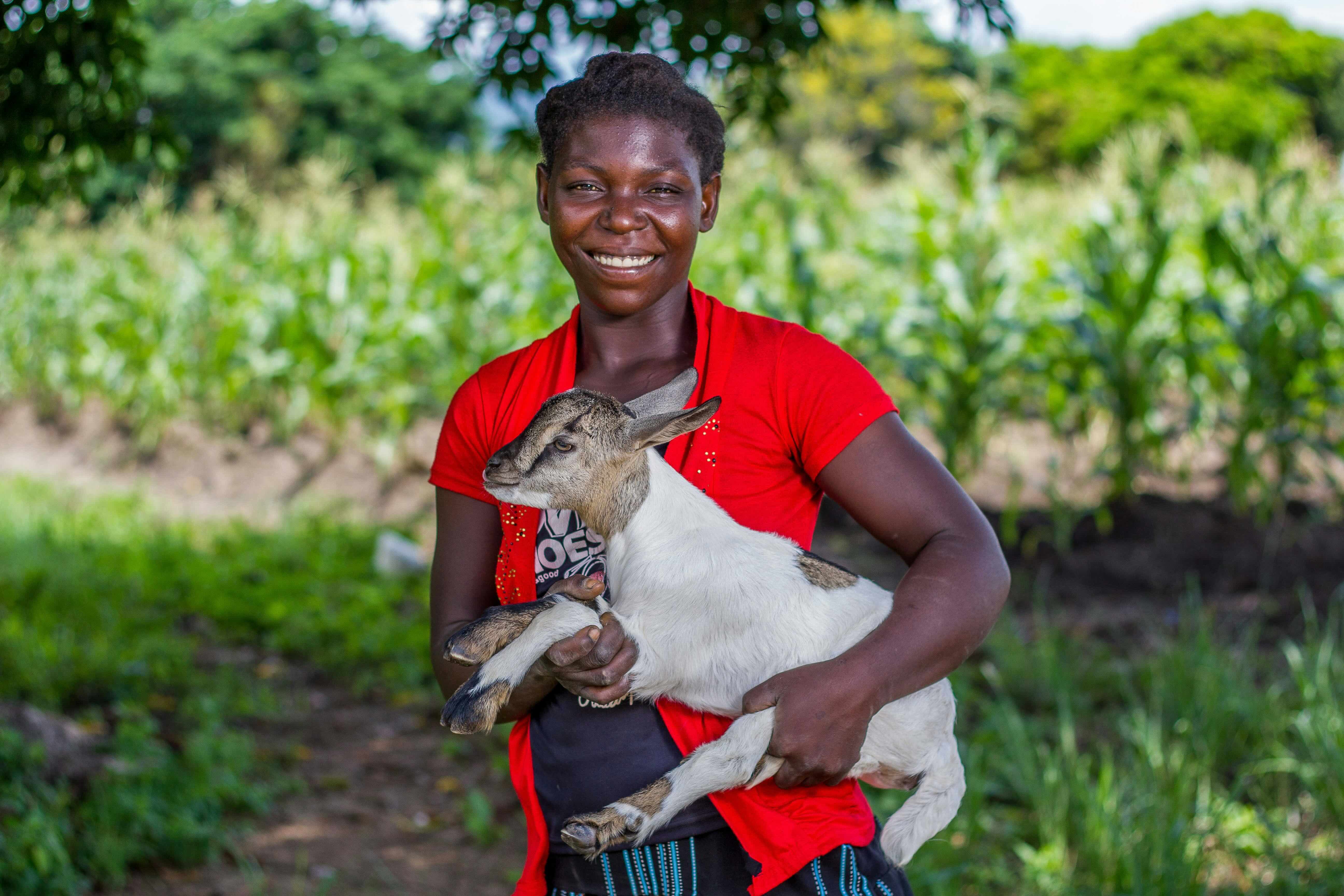 A young woman holding a goat in her arms, having fun.