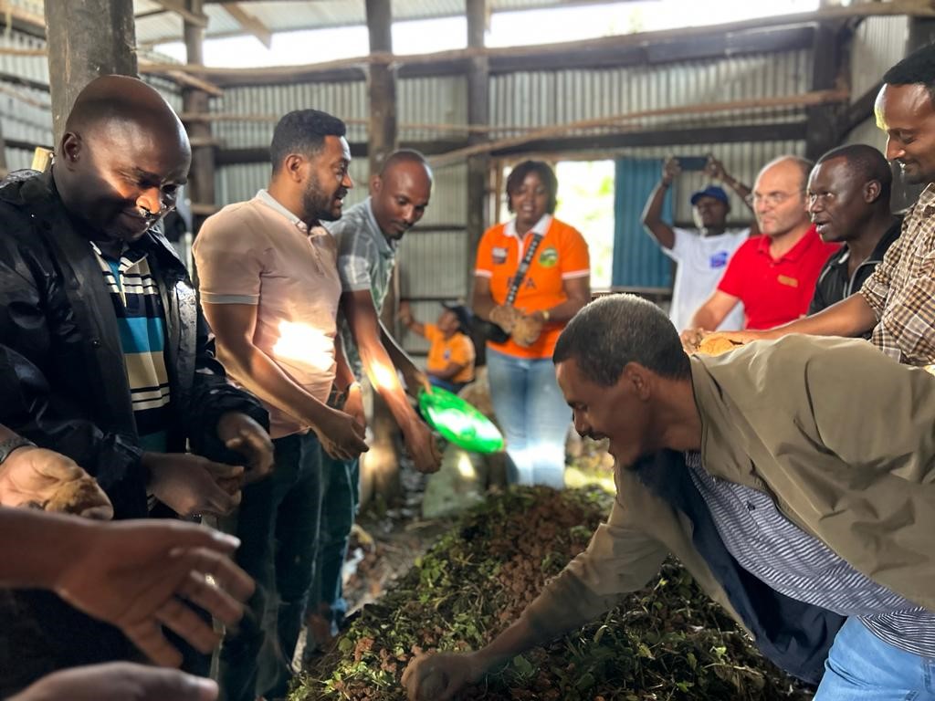Multiple people working and discussing on a farm