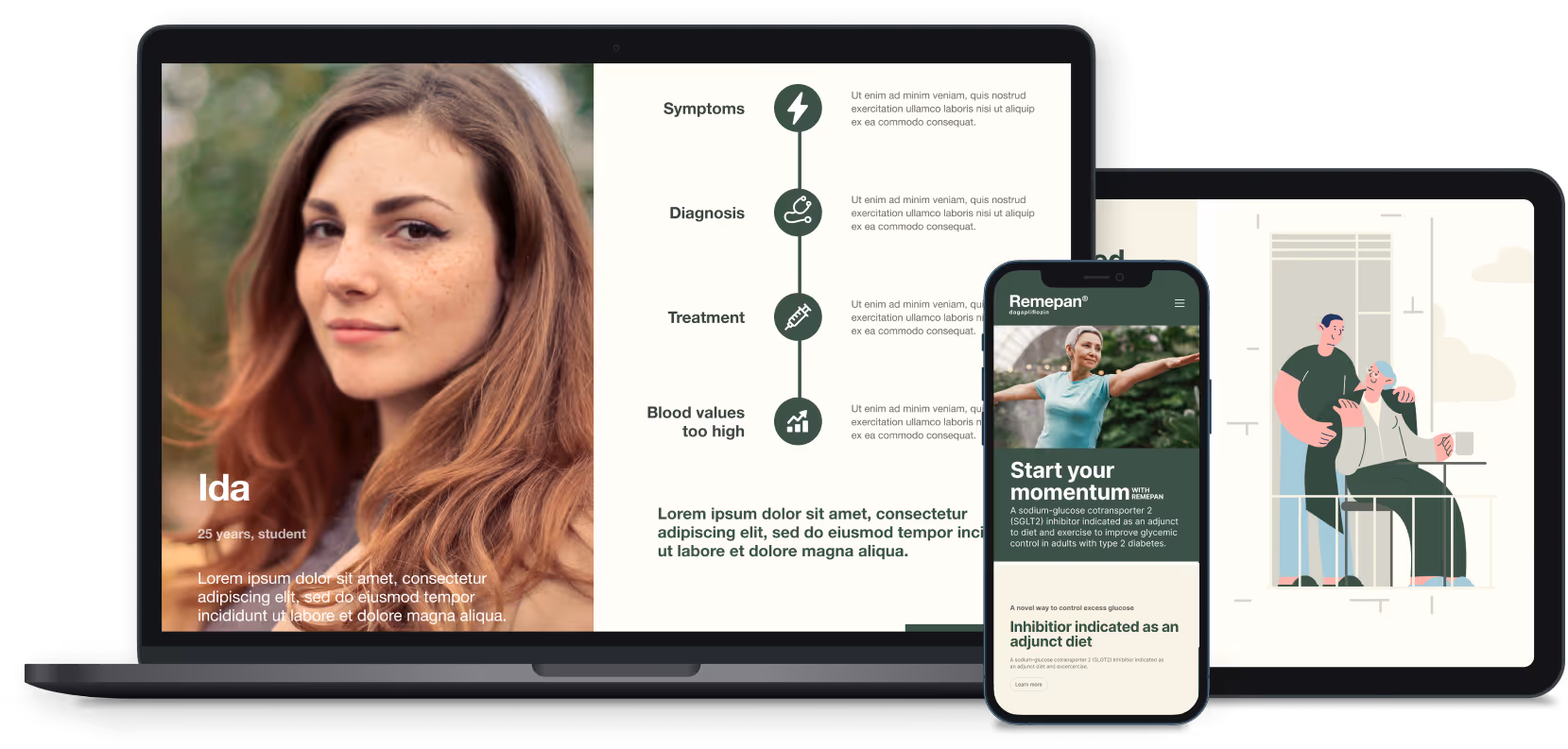 Engaging pharma marketing content shown on a laptop, iPhone and iPad