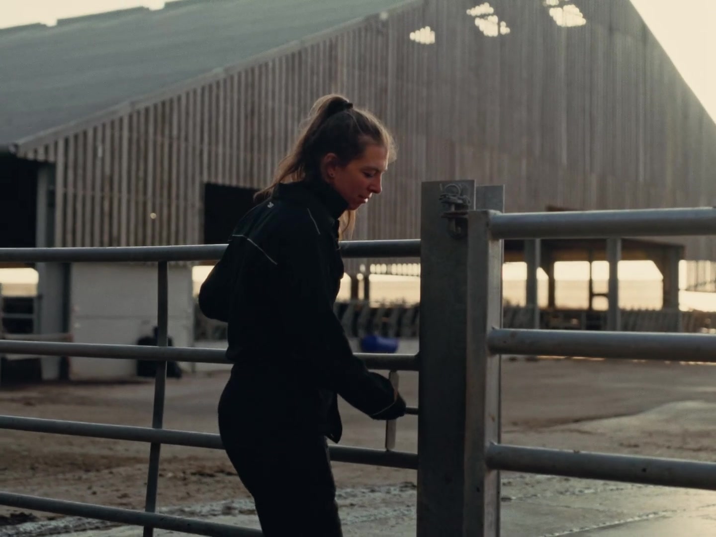 Female farmer at gate at golden hour â from the NFU 'To Be a Farmer' production