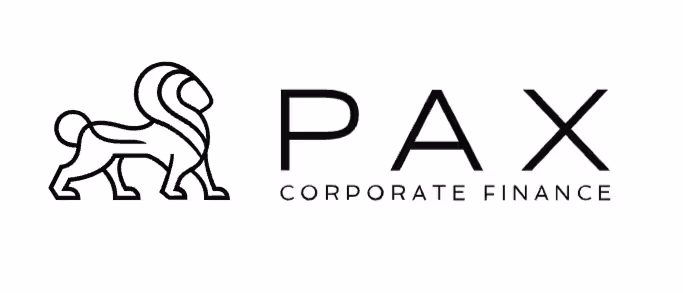 Logo PAX Corporate Finance avec un lion stylisé noir à gauche et le texte PAX CORPORATE FINANCE en noir à droite.