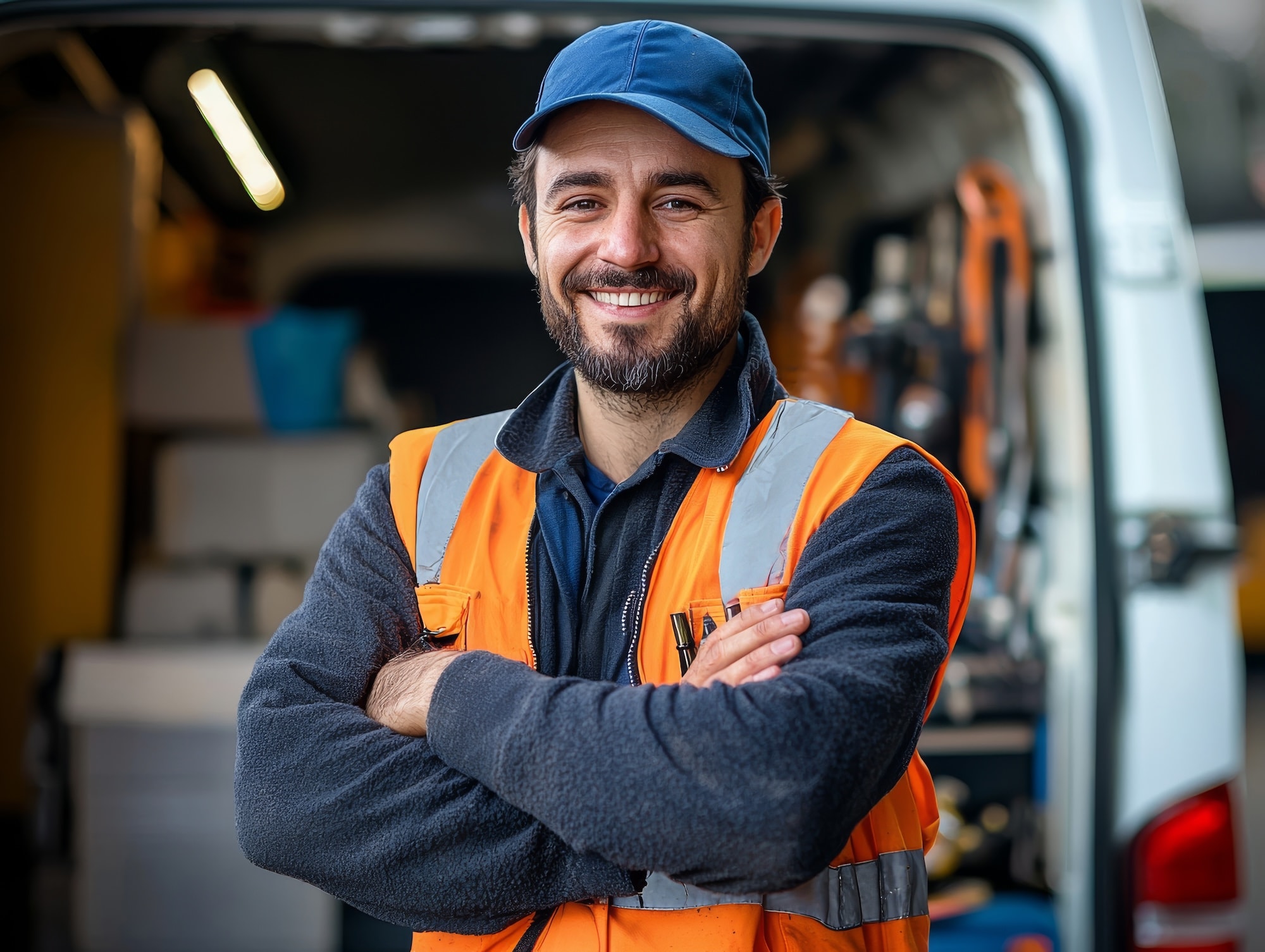 Trades person smiling with a open van behind him