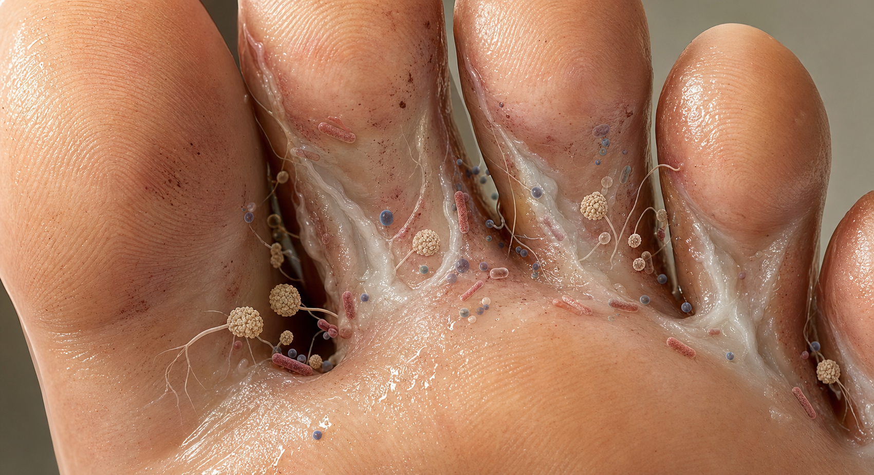 A close-up scientific illustration of the sole of a human foot showing the effects of prolonged moisture exposure — softened, macerated skin texture between the toes, with subtle signs of fungal growth and bacterial activity shown as microscopic elements on the skin surface, warm clinical diagram style, no text or labels