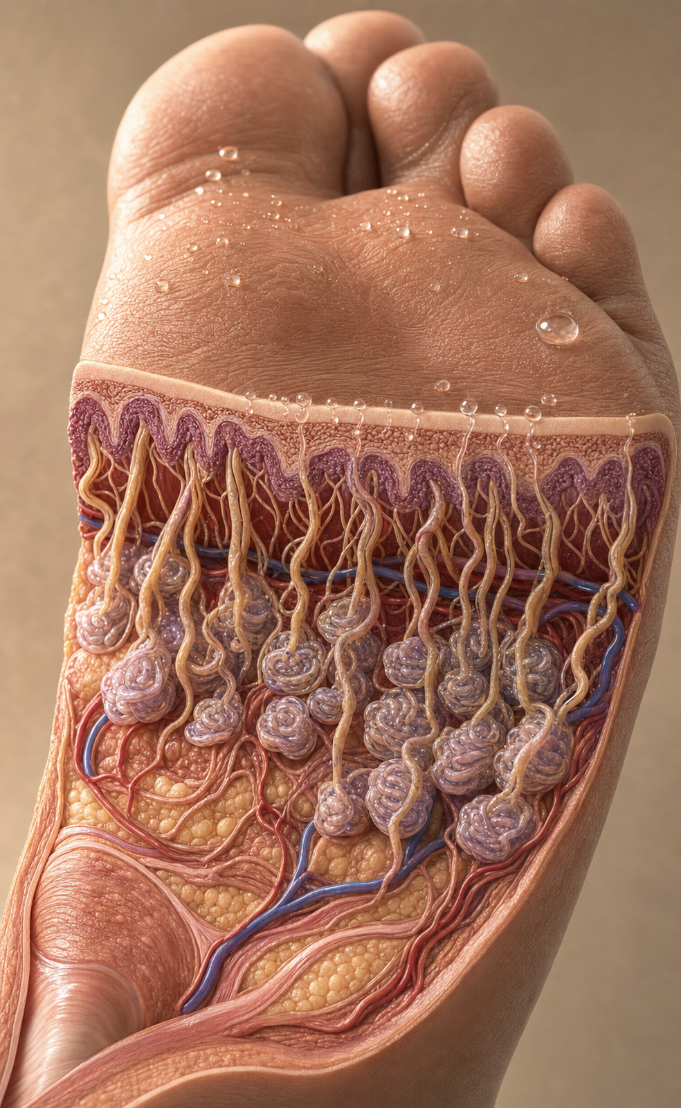 A detailed anatomical cross-section illustration of the sole of a human foot, showing densely packed eccrine sweat glands beneath the skin surface, with microscopic sweat droplets visible on the outer layer, warm scientific diagram style, no text or labels
