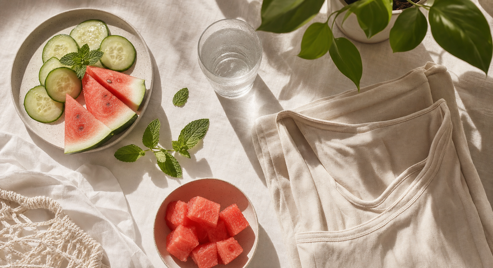 A serene flat-lay overhead shot on a light linen surface featuring hydrating fruits and vegetables like cucumber slices, watermelon chunks, and mint leaves, alongside a glass of cold water with condensation, breathable cotton fabric folded neatly, and a small indoor plant, all arranged with soft natural daylight casting gentle shadows, calm and wellness-focused aesthetic