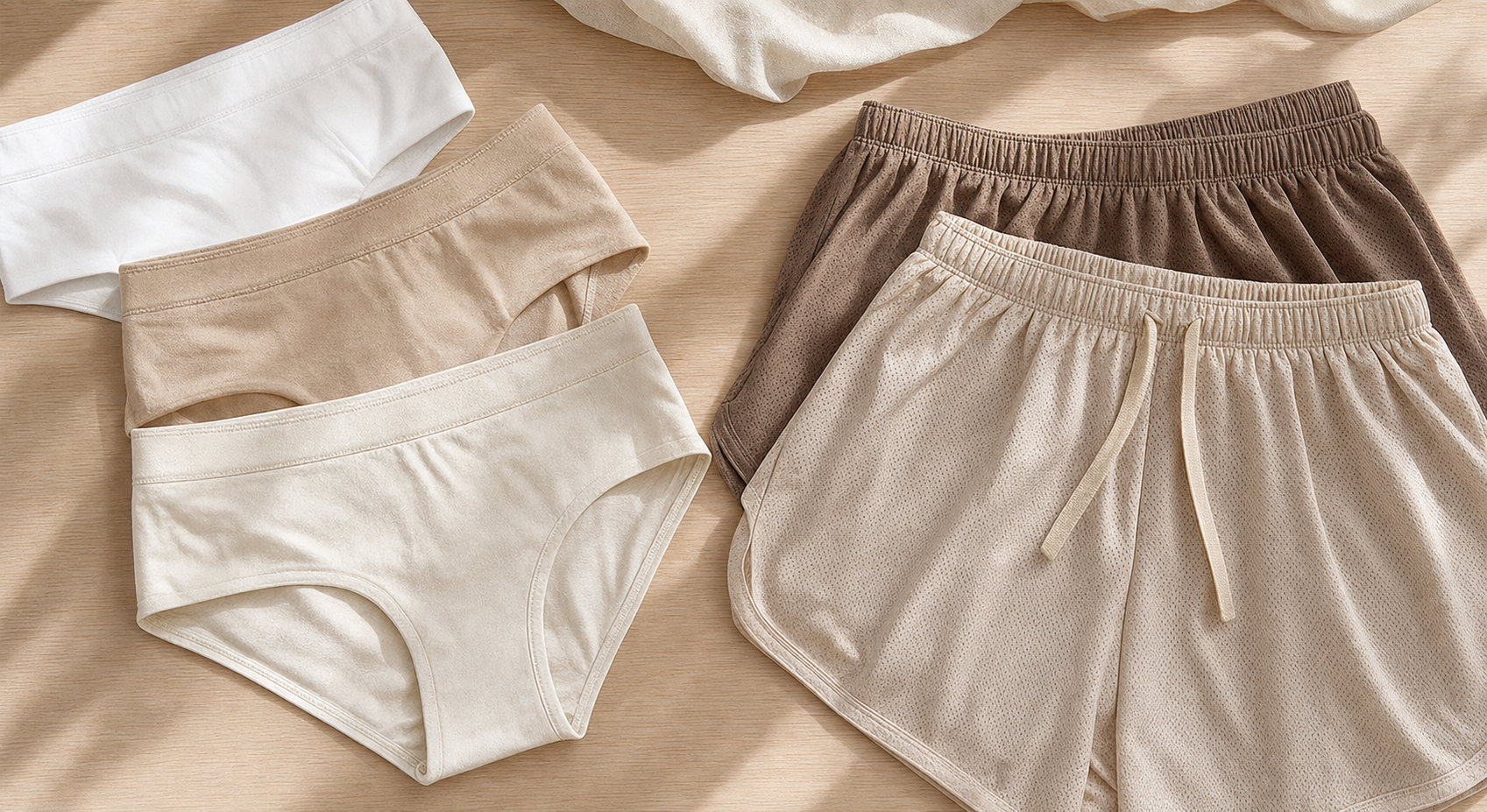 A flat lay arrangement of breathable cotton underwear and moisture-wicking athletic shorts in soft neutral tones on a light wooden surface, styled cleanly with natural lighting, no people visible, showcasing fabric texture and breathability