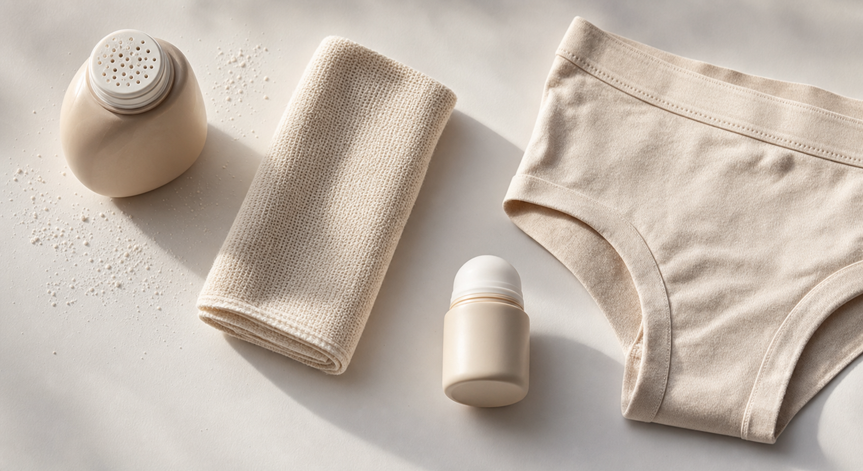 A clean, flat lay of everyday hygiene and comfort essentials arranged on a light surface: a small container of body powder, a folded breathable fabric towel, a travel-sized roll-on, and a neatly folded pair of cotton underwear, soft natural lighting, neutral tones, no people, no text