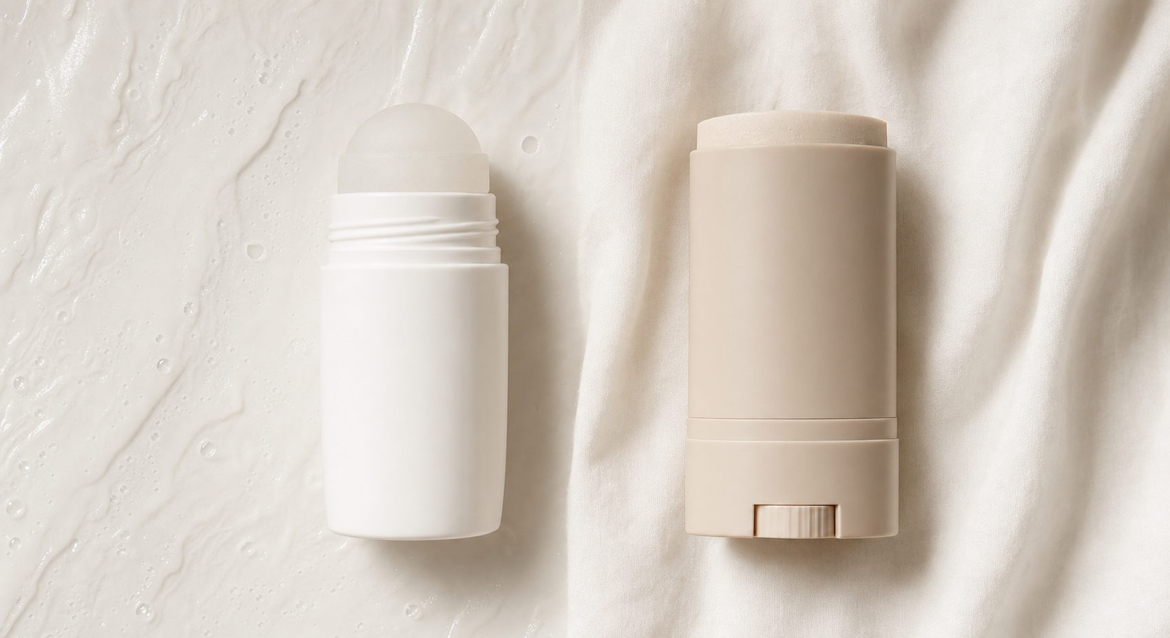 A clean flat-lay overhead view of two personal care products side by side on a soft white surface — one sleek roll-on antiperspirant stick and one minimalist deodorant stick — with a subtle visual divide between them, warm neutral tones, soft shadows, no packaging labels or writing, modern lifestyle aesthetic