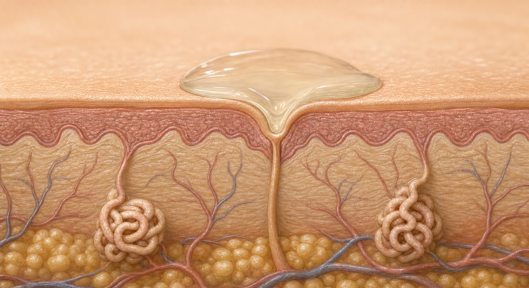A close-up cross-section illustration of human skin showing sweat glands and ducts beneath the surface, with a soft gel-like substance gently narrowing the duct opening near the skin surface, warm anatomical tones with clean minimal background, no labels or text