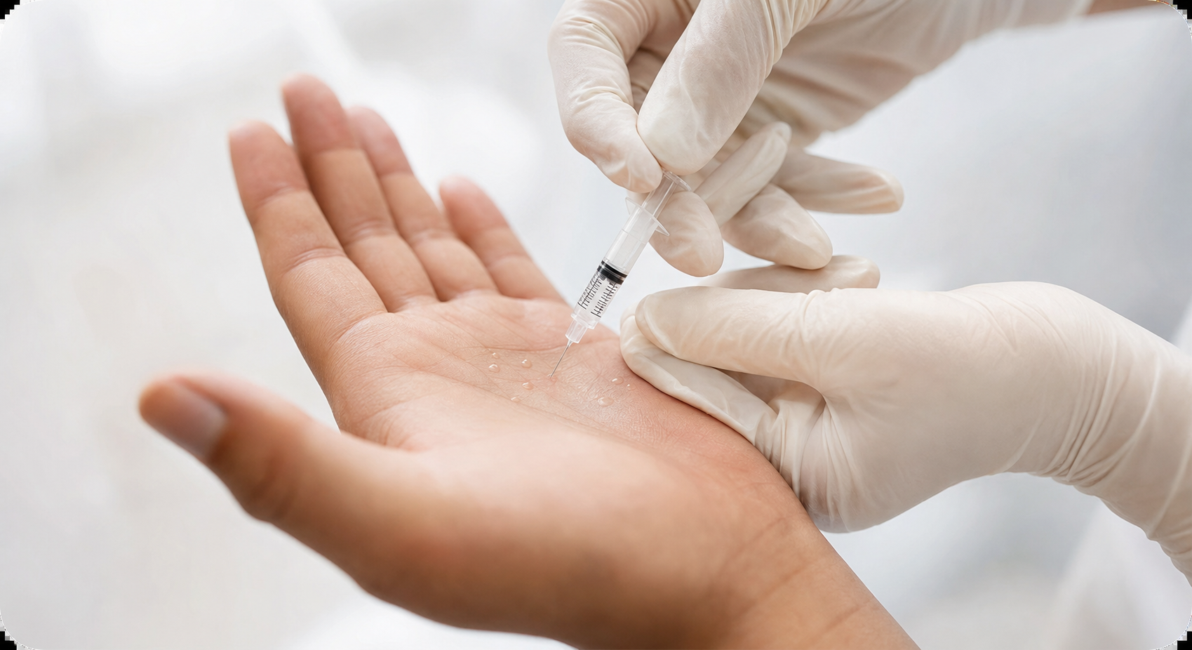 A close-up of a medical professional's gloved hands holding a small syringe, gently administering tiny injections into an open palm, clinical setting with soft lighting, clean white background, highly detailed and realistic medical photography style