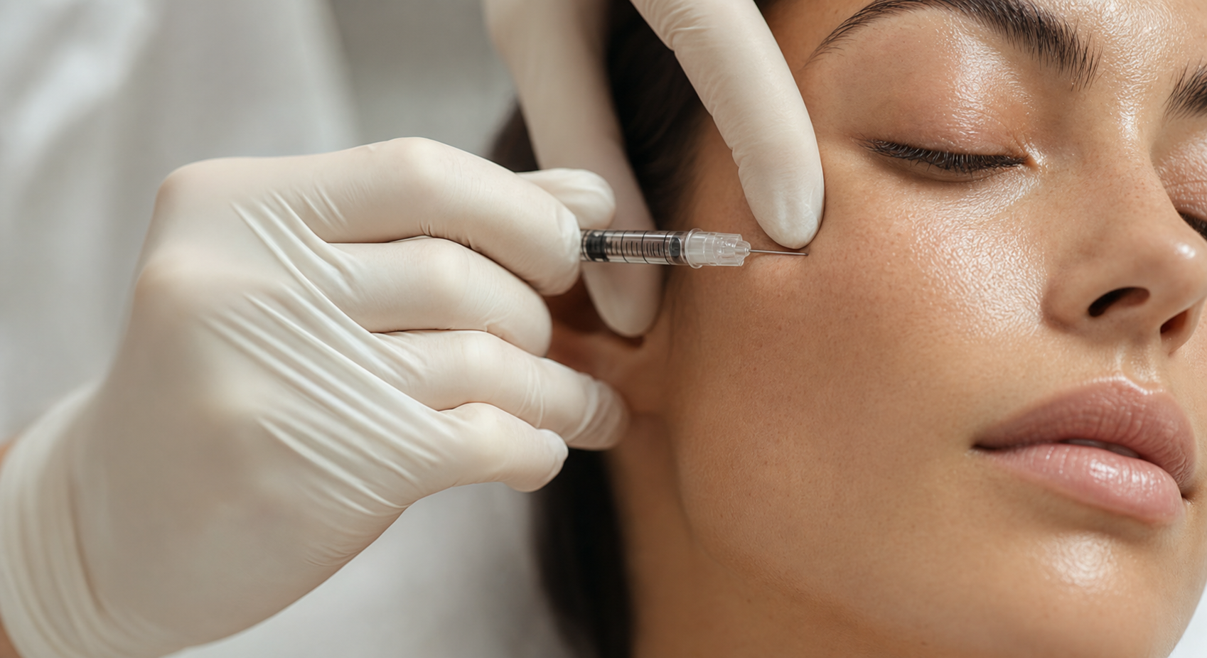 A close-up of a medical professional's gloved hands gently administering a small injection into the cheek area of a patient, in a clean modern clinic setting with soft natural lighting, shallow depth of field, calm and clinical atmosphere, no text or labels