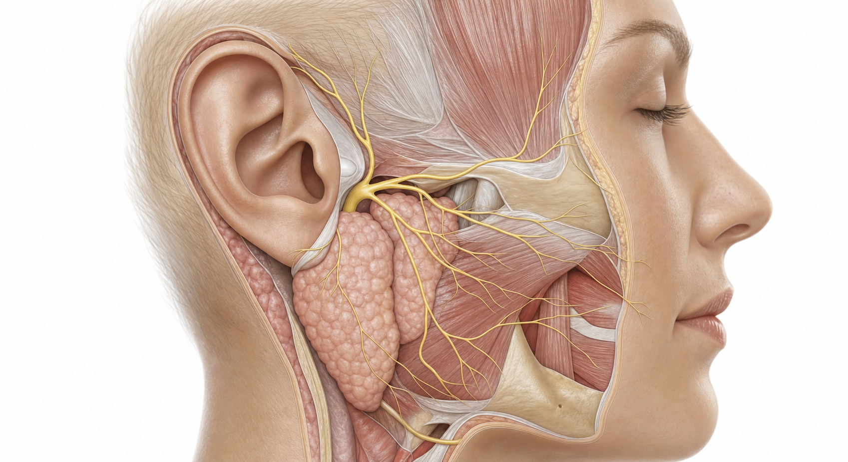A detailed medical illustration of the side of a human face and head, showing the auriculotemporal nerve pathway near the ear and jaw, with the parotid gland visible, depicted in a clean cross-section style with soft anatomical colors — beige skin tones, pale yellow nerve fibers, and light pink glandular tissue — on a white background, no labels or text