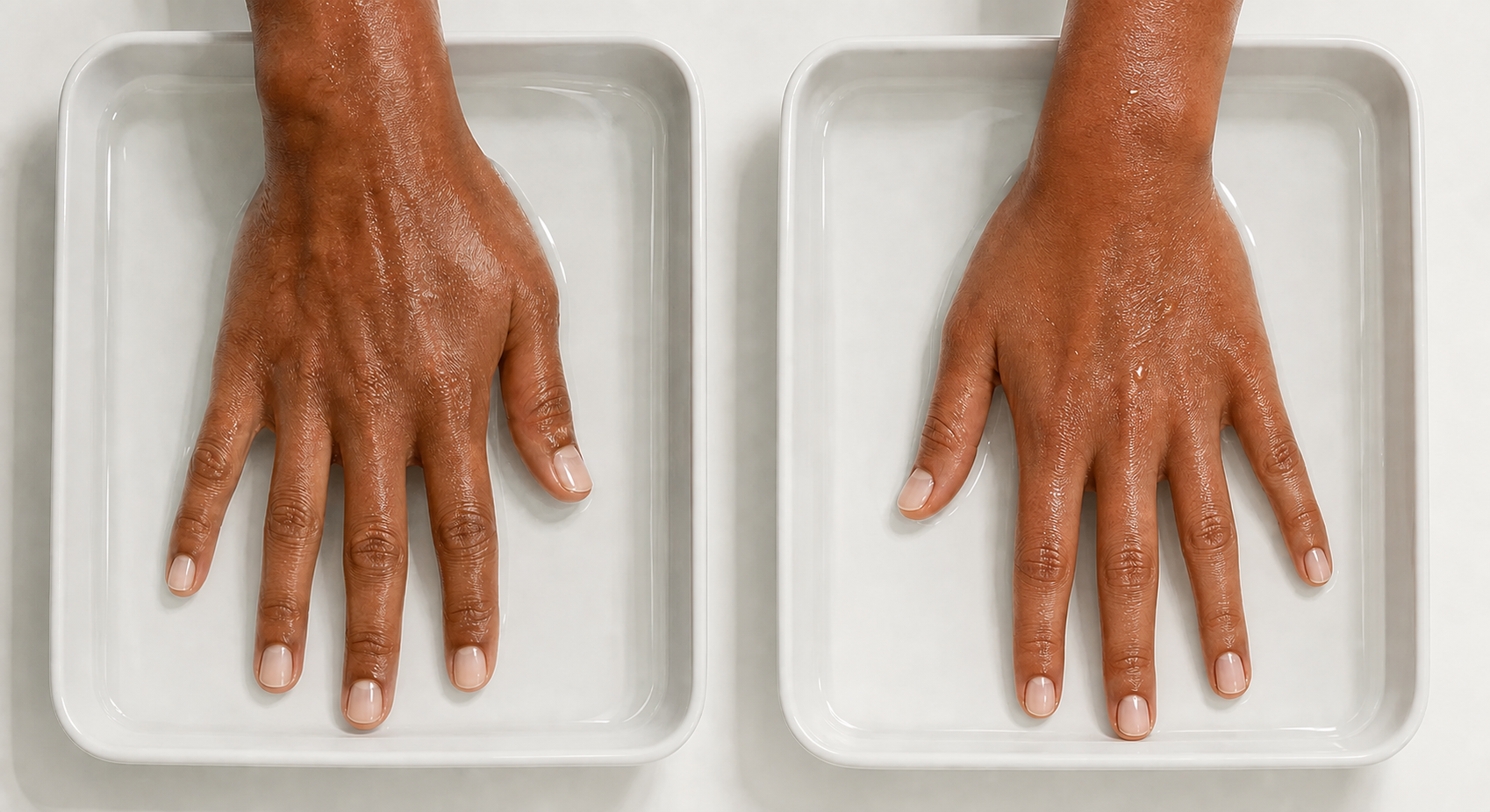 A close-up, overhead view of two human hands resting flat in shallow rectangular water-filled trays on a clean white surface, soft natural lighting, calm clinical setting, no devices visible, peaceful and medically serene atmosphere, photorealistic style