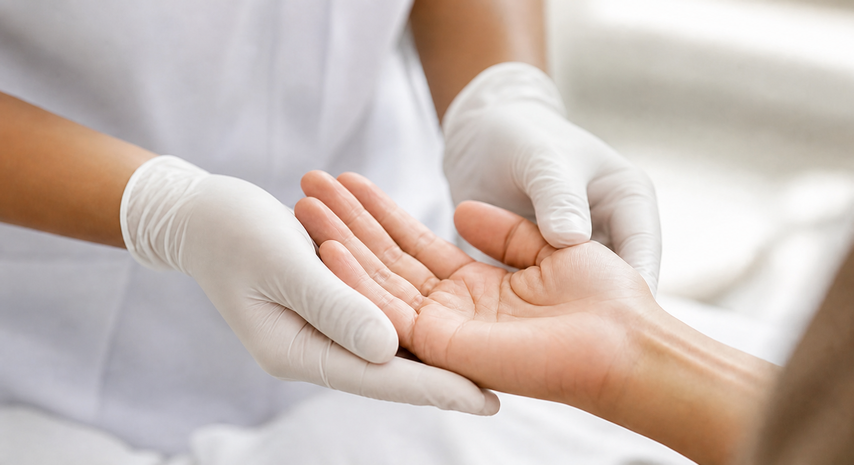 A close-up of a medical professional's gloved hands gently holding a patient's open palm in a clean clinical environment, soft natural lighting, calm and professional atmosphere, photorealistic style, no text or labels