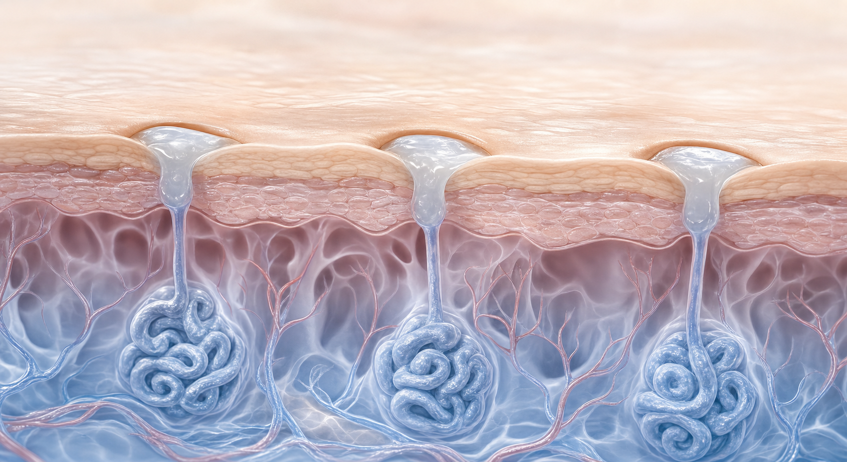 A close-up scientific illustration of a cross-section of human skin showing sweat gland ducts being blocked by a gel-like plug just below the skin surface, with sweat glands visible underneath, rendered in a clean modern medical illustration style with soft blue and white tones