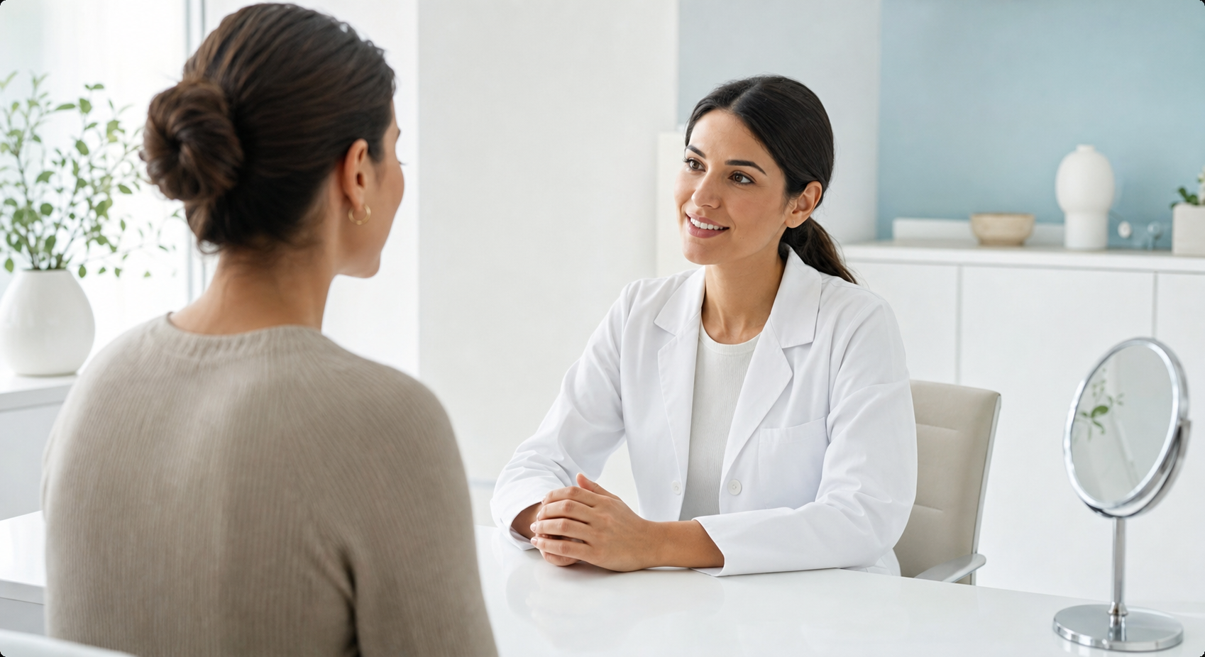 A calm, modern clinical setting showing a person sitting across from a dermatologist during a consultation, both engaged in conversation, soft natural lighting, clean white and light blue tones, warm and reassuring atmosphere, no text or labels