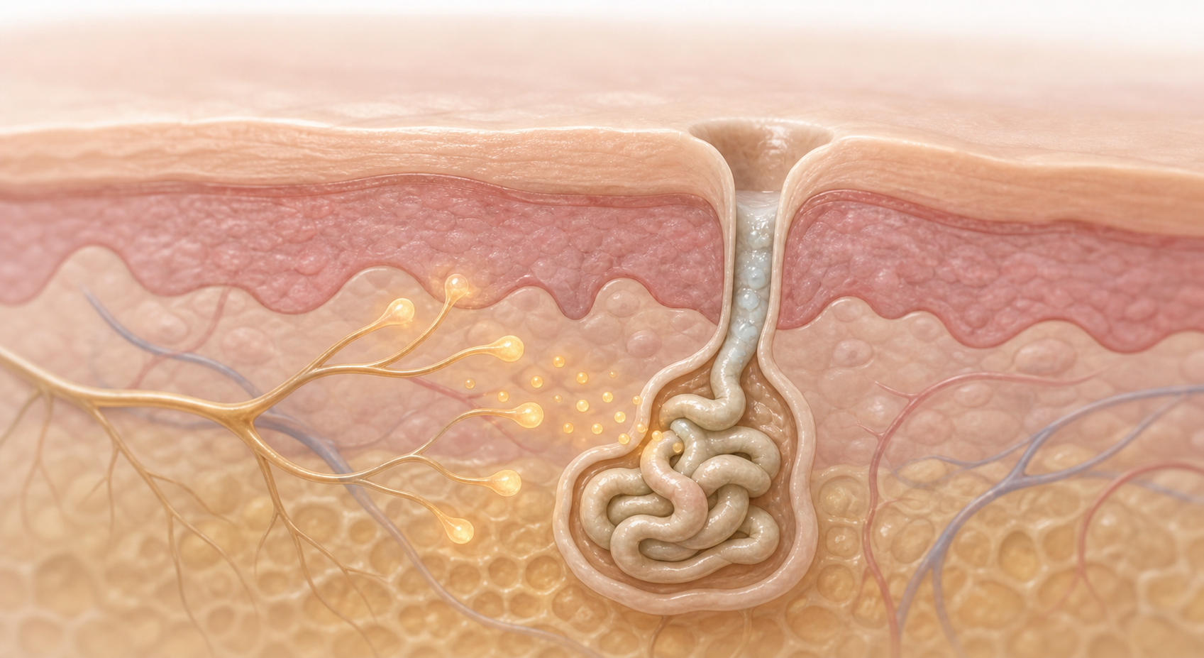 A close-up scientific illustration of a human sweat gland beneath the skin surface, showing nerve endings releasing chemical signals toward the gland's receptors, with the gland partially blocked and producing less sweat — soft medical illustration style, cross-section view, clean and modern, no text or labels