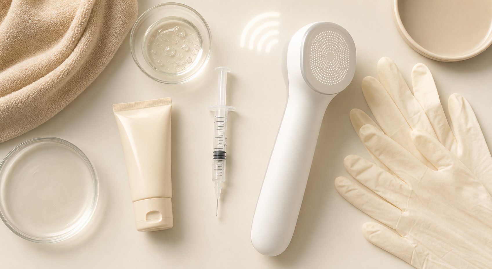 A clean flat-lay overhead arrangement of various dermatological treatment tools and items representing a spectrum of sweat treatments: a small topical gel tube, a syringe without needle, a handheld device emitting gentle waves, and clinical gloves, arranged neatly on a soft neutral background with warm clinical lighting, no text or labels, modern medical aesthetic