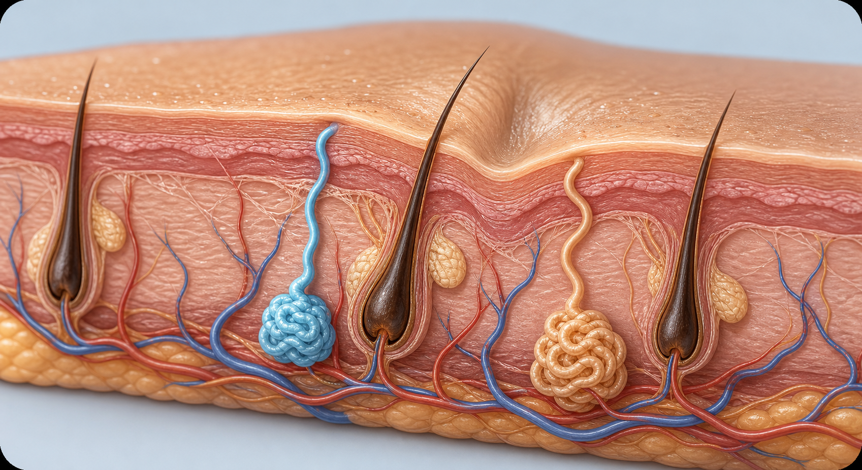 A detailed anatomical cross-section illustration of human skin layers showing two types of sweat glands — eccrine glands and apocrine glands — beneath the surface of underarm skin, with hair follicles visible, rendered in a clean medical illustration style with soft blue and warm skin tones, no text or labels