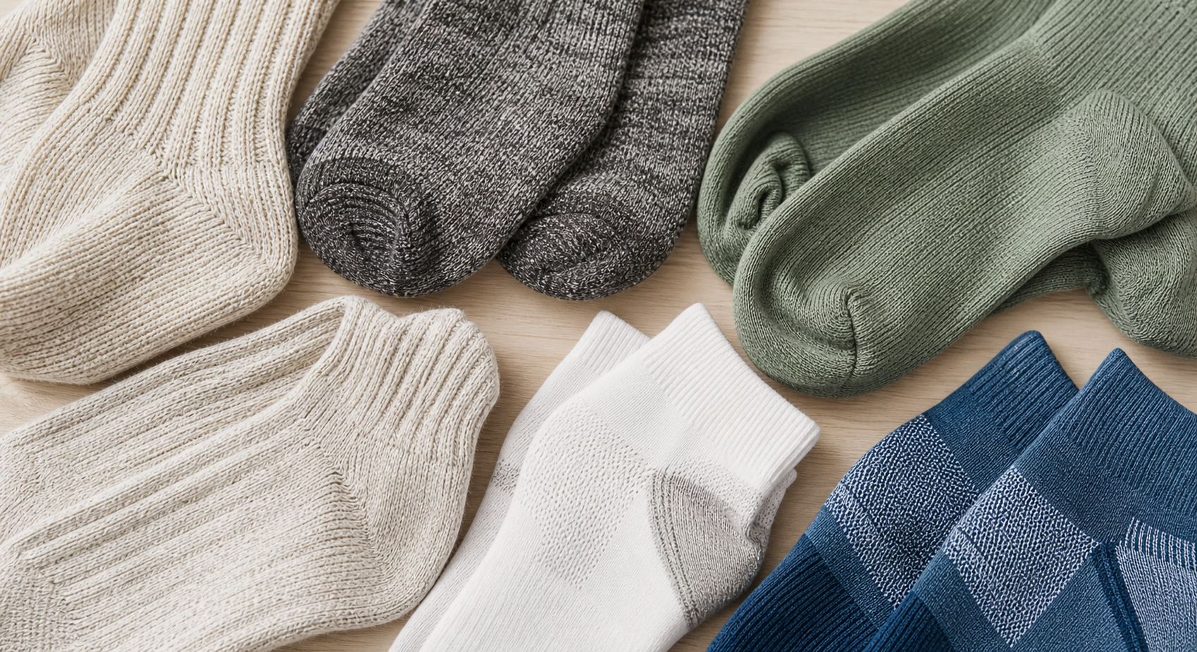 A close-up flat lay of various types of socks arranged neatly on a light wooden surface — including thick merino wool socks in natural cream and gray tones, bamboo-fiber socks in soft green, and moisture-wicking athletic socks in blue and white, showcasing different fabric textures and weaves, warm natural lighting, clean minimalist composition