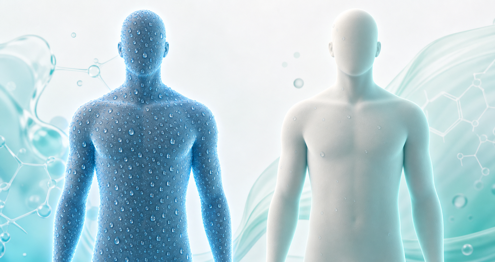 A clean, modern scientific illustration showing two side-by-side human silhouettes, one with glowing blue sweat droplets covering the body representing hyperhidrosis, and the other showing a calm, dry silhouette with minimal droplets representing treatment improvement, set against a soft white and light teal background, clinical research concept, no text or labels