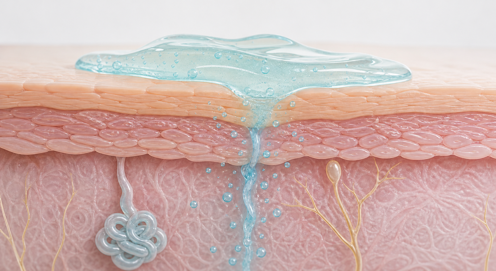 A close-up cross-section illustration of human skin layers showing a sweat gland and nerve ending beneath the surface, with a translucent gel being absorbed through the skin layers, depicted in soft blue and teal tones on a clean white background, scientific diagram style, no labels or text