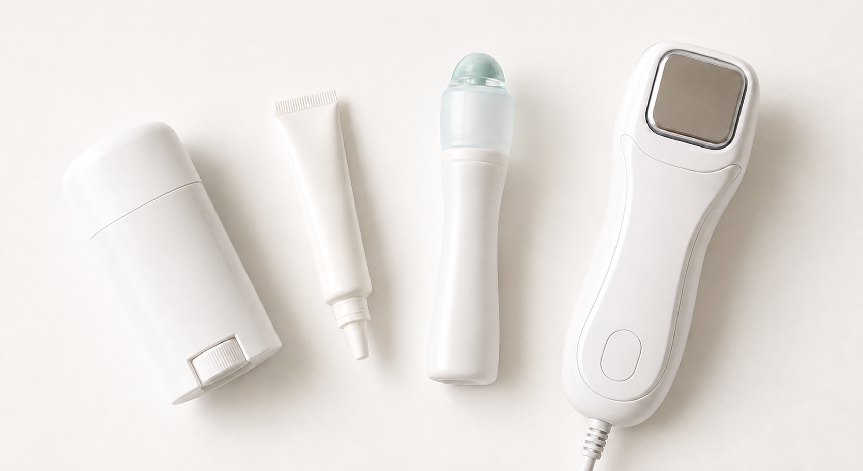 A flat lay arrangement of various skincare and medical products on a clean white surface: a clinical antiperspirant stick, a small prescription tube of cream, a sleek gel applicator, and a modern handheld iontophoresis device, soft natural lighting, organized in a gentle arc suggesting a progression or ladder, professional medical aesthetic, no text or labels