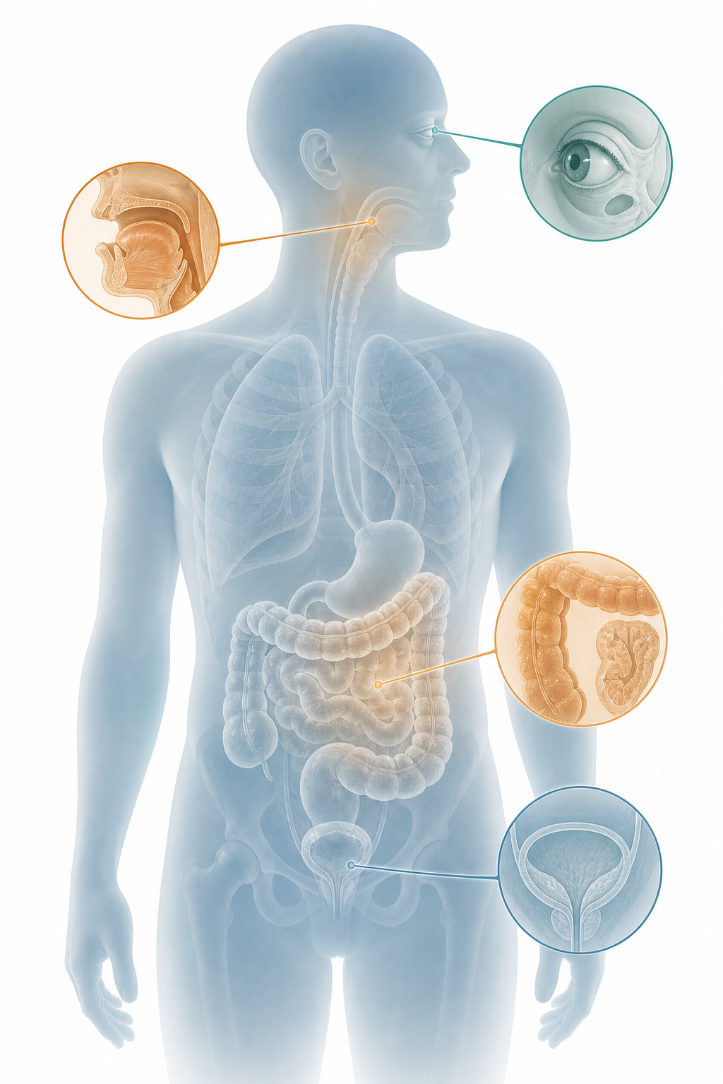 A clean medical illustration showing a human silhouette with highlighted areas representing common anticholinergic side effects: dry mouth shown near the throat, blurred vision near the eyes, constipation near the abdomen, and urinary retention near the lower body. Soft anatomical cross-section style with muted blue, teal, and warm amber tones, no text or labels, white background, clinical yet approachable aesthetic.