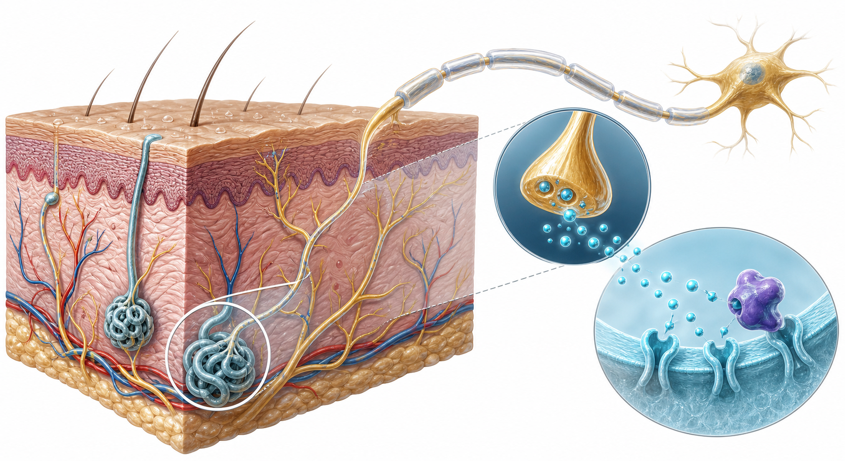 A detailed medical illustration showing a cross-section of human skin with sweat glands, nerve endings, and synaptic connections. The illustration depicts neurotransmitter molecules (acetylcholine) traveling along a nerve to a sweat gland receptor, with a blocking effect shown where the signal is intercepted before reaching the gland. Clean scientific style with soft blue and teal tones, no labels or text, anatomical accuracy, white background.