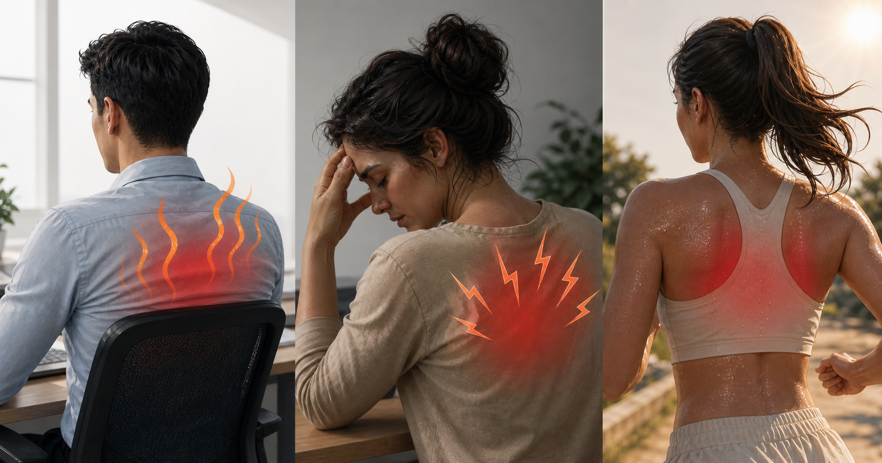 A split-scene illustration showing common causes of back sweating: a person sitting in an office chair with heat waves rising from their back, another person looking stressed with tension lines, and a third person exercising outdoors in warm sunlight, all depicted in a clean modern health infographic style with warm and cool color tones, no text or labels
