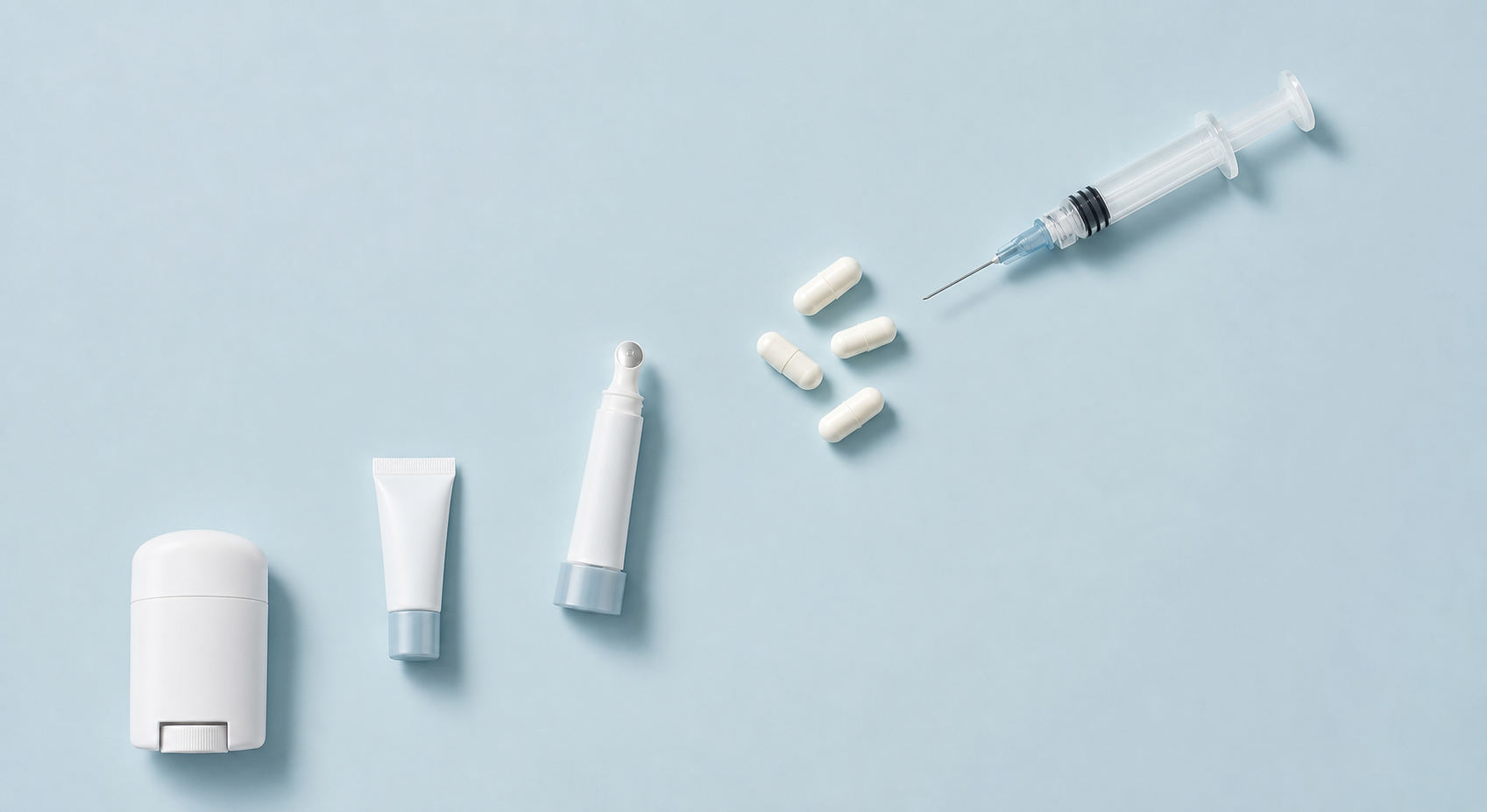 A clean flat-lay medical illustration showing a progression of skincare and treatment products arranged in a stepped ladder formation: a clinical antiperspirant stick, a small prescription tube, a topical gel applicator, oral pill capsules, and a medical syringe, all arranged on a soft light blue background with subtle gradient shadows, modern minimalist health aesthetic, no text or labels
