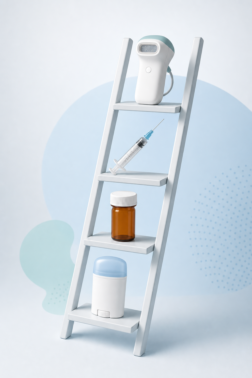 A clean medical illustration showing a ladder with different treatment tiers, representing a step-by-step clinical approach to managing excessive sweating — starting with a simple antiperspirant stick at the bottom rung, progressing upward through a small prescription bottle, a syringe, and a medical device at higher rungs, depicted in a modern minimalist style with soft blue and teal tones, no text or letters