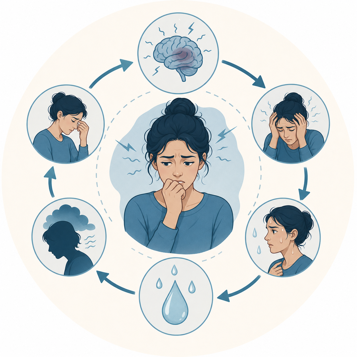 A circular diagram illustration showing a stress and anxiety feedback loop, with a person looking anxious, sweat droplets appearing, and an arrow looping back to amplify the anxiety — depicted in a clean, modern medical infographic style with calming blue and teal tones, no text or letters