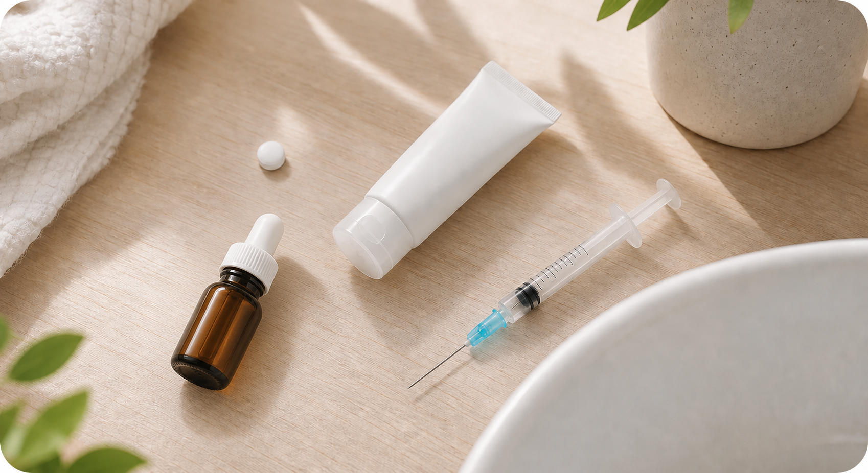 A clean flat-lay arrangement of various hyperhidrosis treatment options on a soft white surface — a small oral pill, a clinical gel tube, a syringe, and a small medical device — each spaced apart with subtle shadows, modern minimalist medical aesthetic, soft neutral tones with gentle blue and white accents, no text or labels anywhere in the image