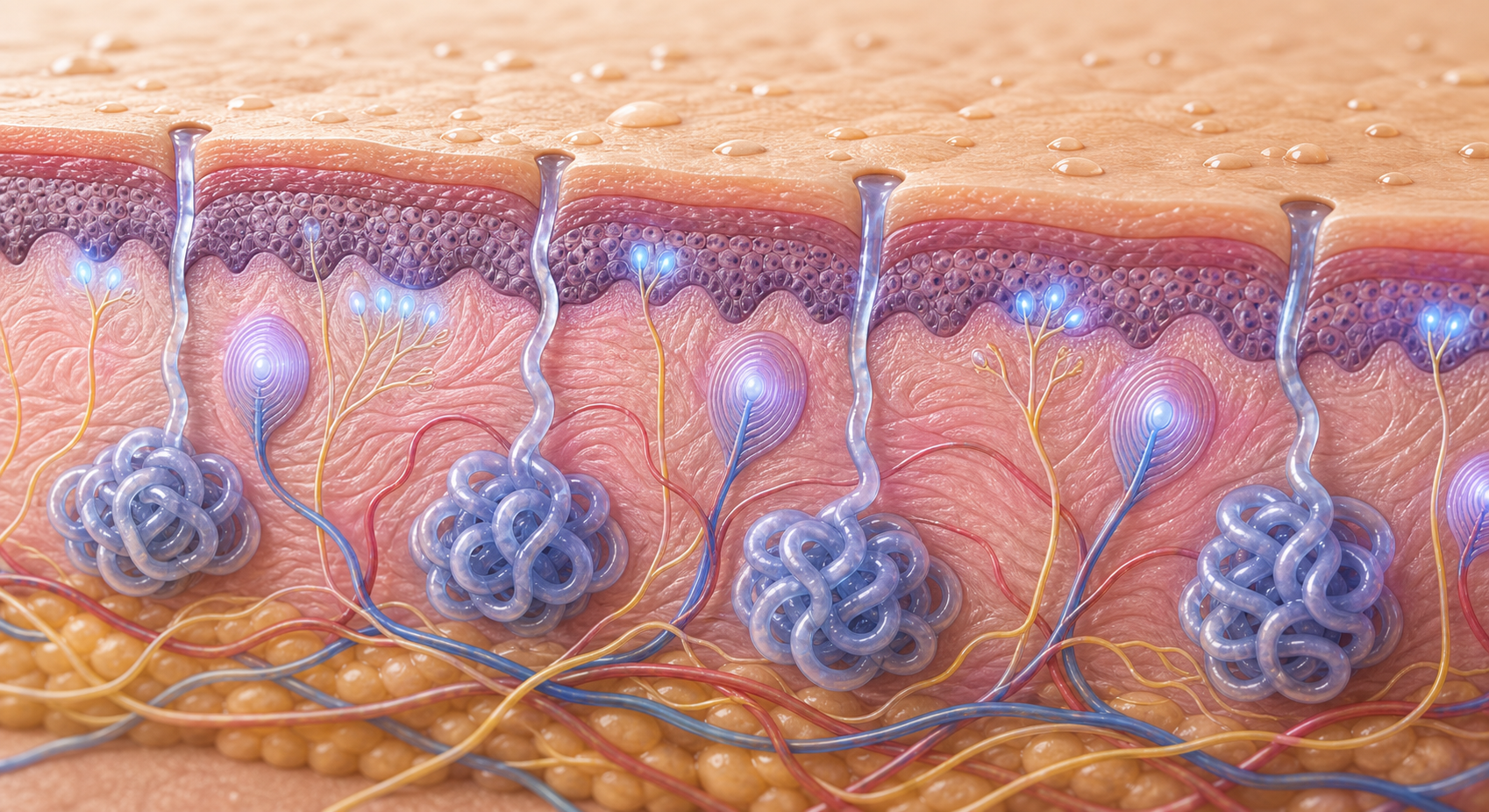 A close-up scientific illustration of human skin cross-section showing eccrine sweat glands beneath the surface, with nerve endings and receptor sites highlighted in soft blue and purple tones, depicting the biological mechanism of sweat gland activation, clean medical illustration style, no text or labels