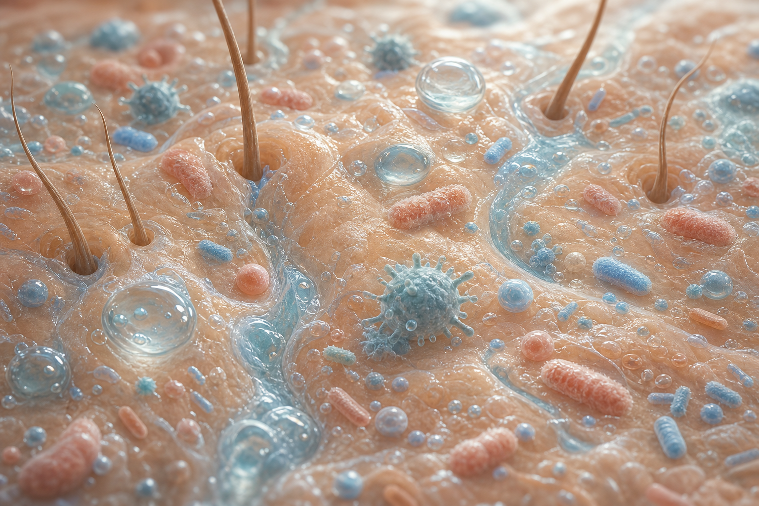 A close-up microscopic illustration of human skin surface with sweat droplets and microorganisms, showing bacteria on skin interacting with sweat glands, soft blue and warm tones, scientific illustration style, no text