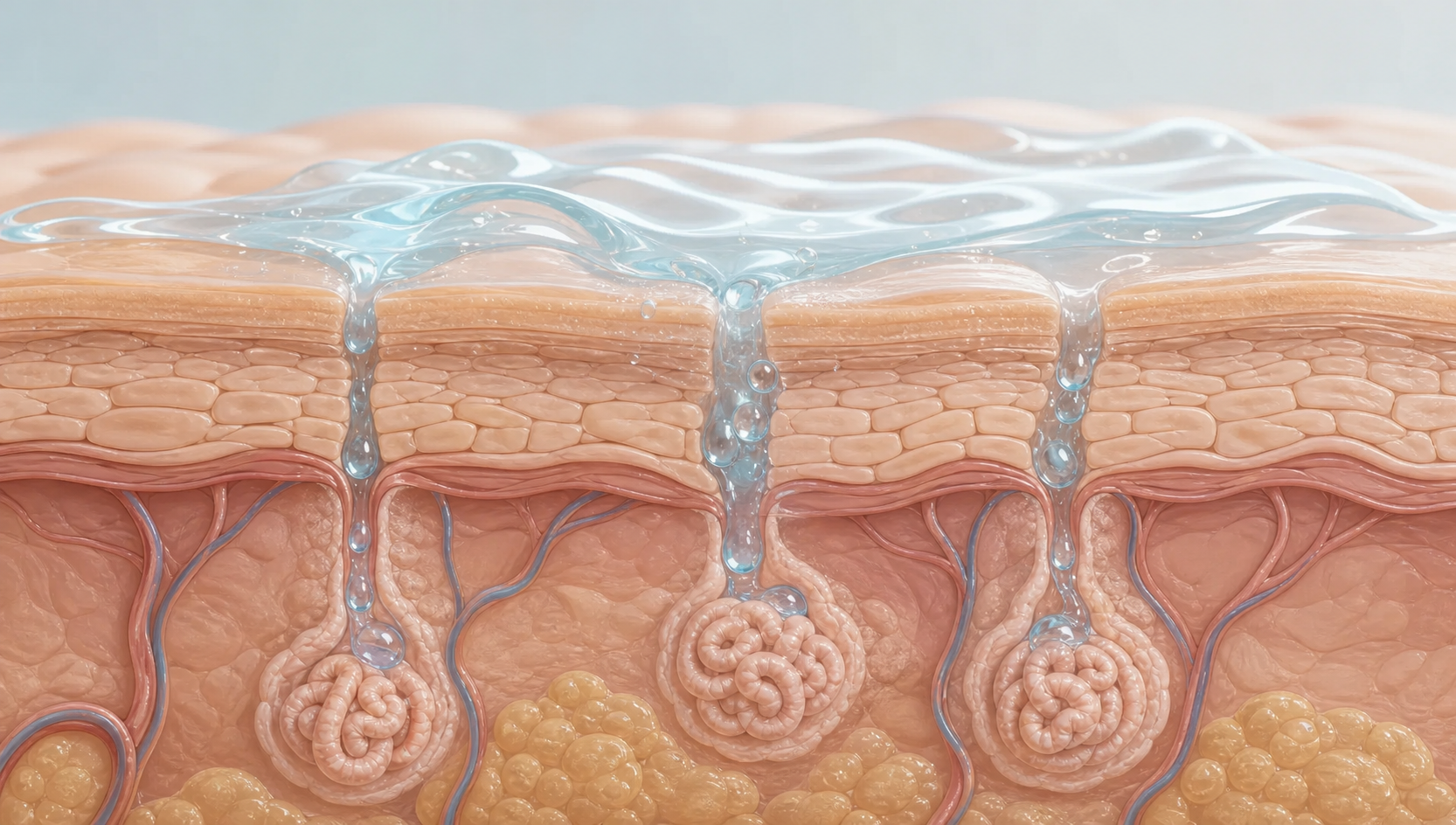 A close-up cross-section illustration of human skin layers showing eccrine sweat glands beneath the surface, with a translucent gel being absorbed through the outer skin layer, soft anatomical style with clean lines, muted blue and skin-tone color palette, no text or labels
