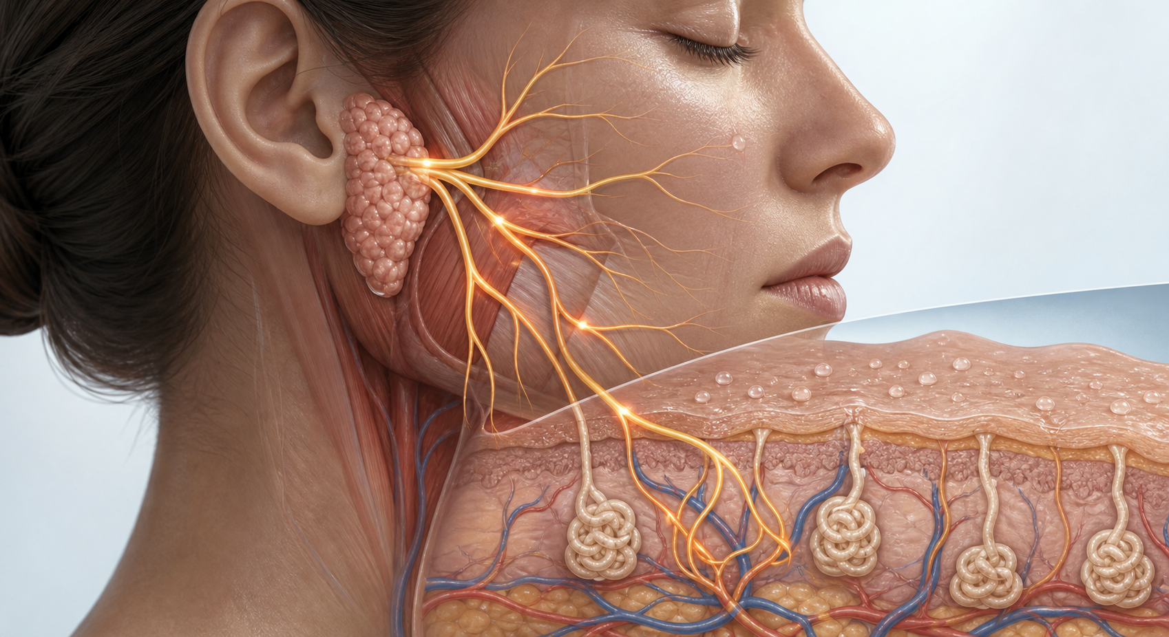 A medical illustration showing a side profile of a human face and neck, with the parotid gland highlighted near the jaw and cheek area, nerve fibers shown in warm amber rerouting and reconnecting incorrectly to sweat glands in the skin surface, depicting nerve misfiring with a soft cross-section style, clean anatomical art on a light background, no text or labels, blue and amber color palette