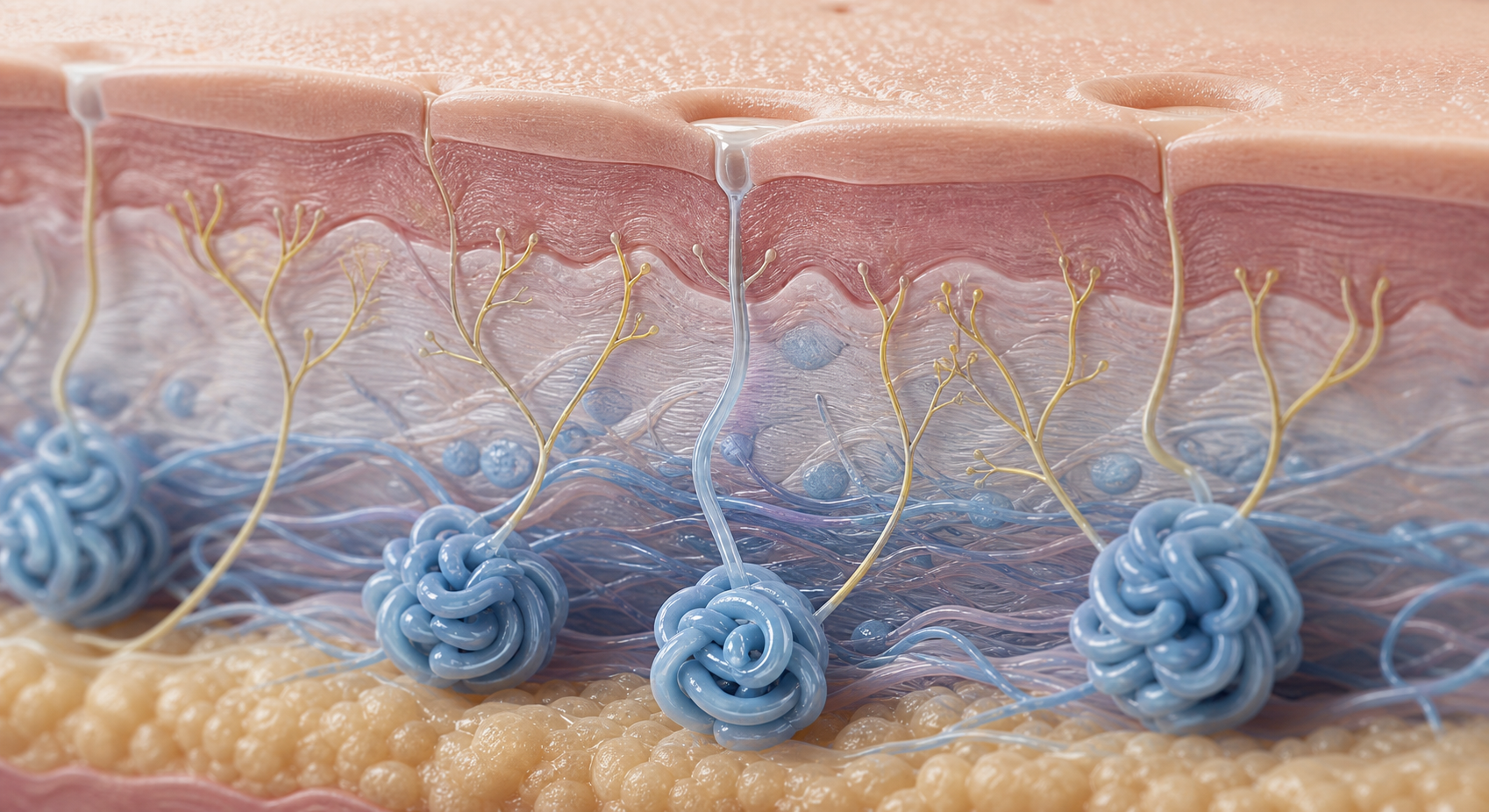 A close-up scientific illustration of human skin layers showing eccrine sweat glands beneath the surface, with nerve endings reaching down toward the glands, depicted in a clean cross-section style with soft blue and neutral tones, no text or labels