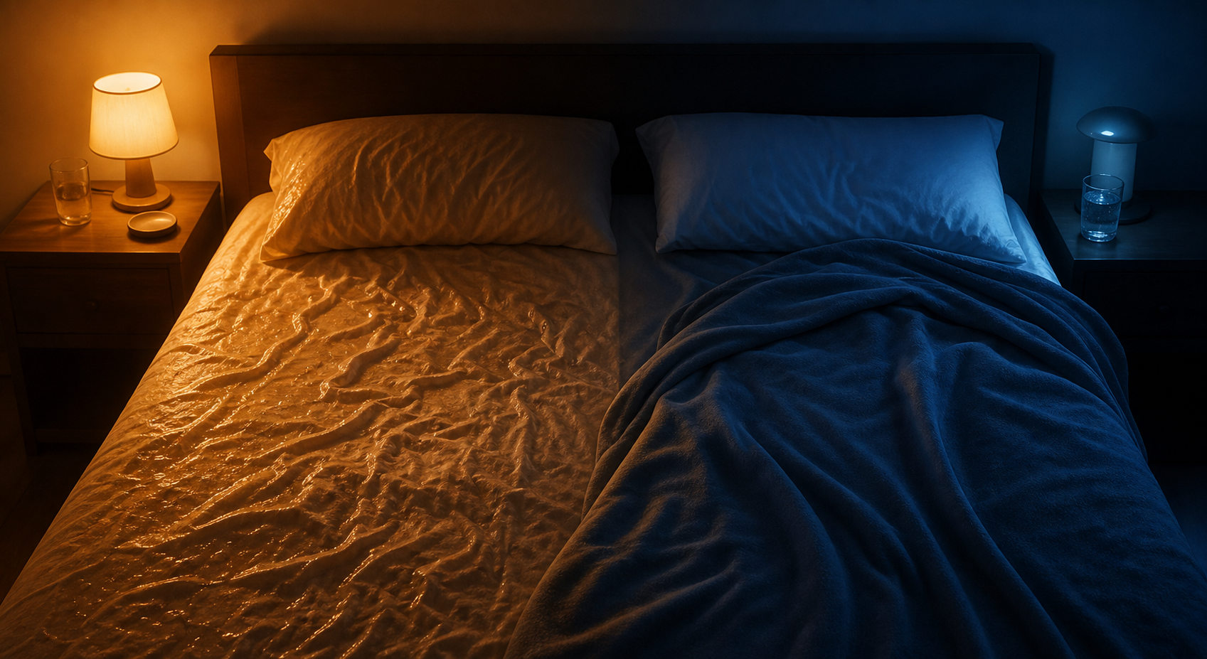 A bed at night split between two contrasting sides — one side with warm orange tones and rumpled damp sheets suggesting heat, the other side with cool blue tones and a pulled-up blanket suggesting cold, dramatic color contrast, photorealistic, cinematic bedroom lighting, no faces, no text