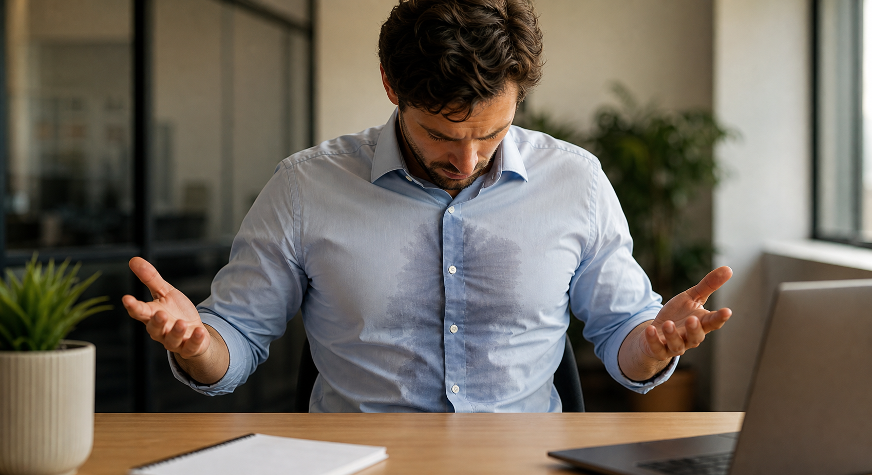 A person sitting alone at a desk in a modern office, looking down at their shirt with visible discomfort, arms slightly away from their sides, soft natural light coming through a window, warm and empathetic mood, realistic style, no text or labels