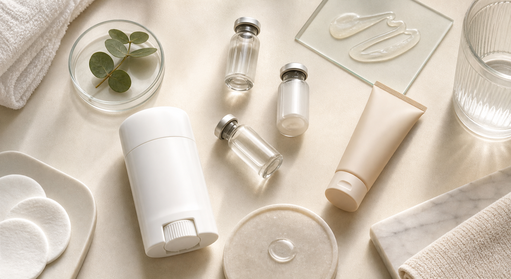 A clean, modern flat-lay arrangement of various skincare and medical treatment items representing hyperhidrosis treatments: a clinical antiperspirant stick, small medical vials, a topical gel tube, and a dermatology consultation setting with soft neutral tones — no people, no text, no labels, warm clinical aesthetic
