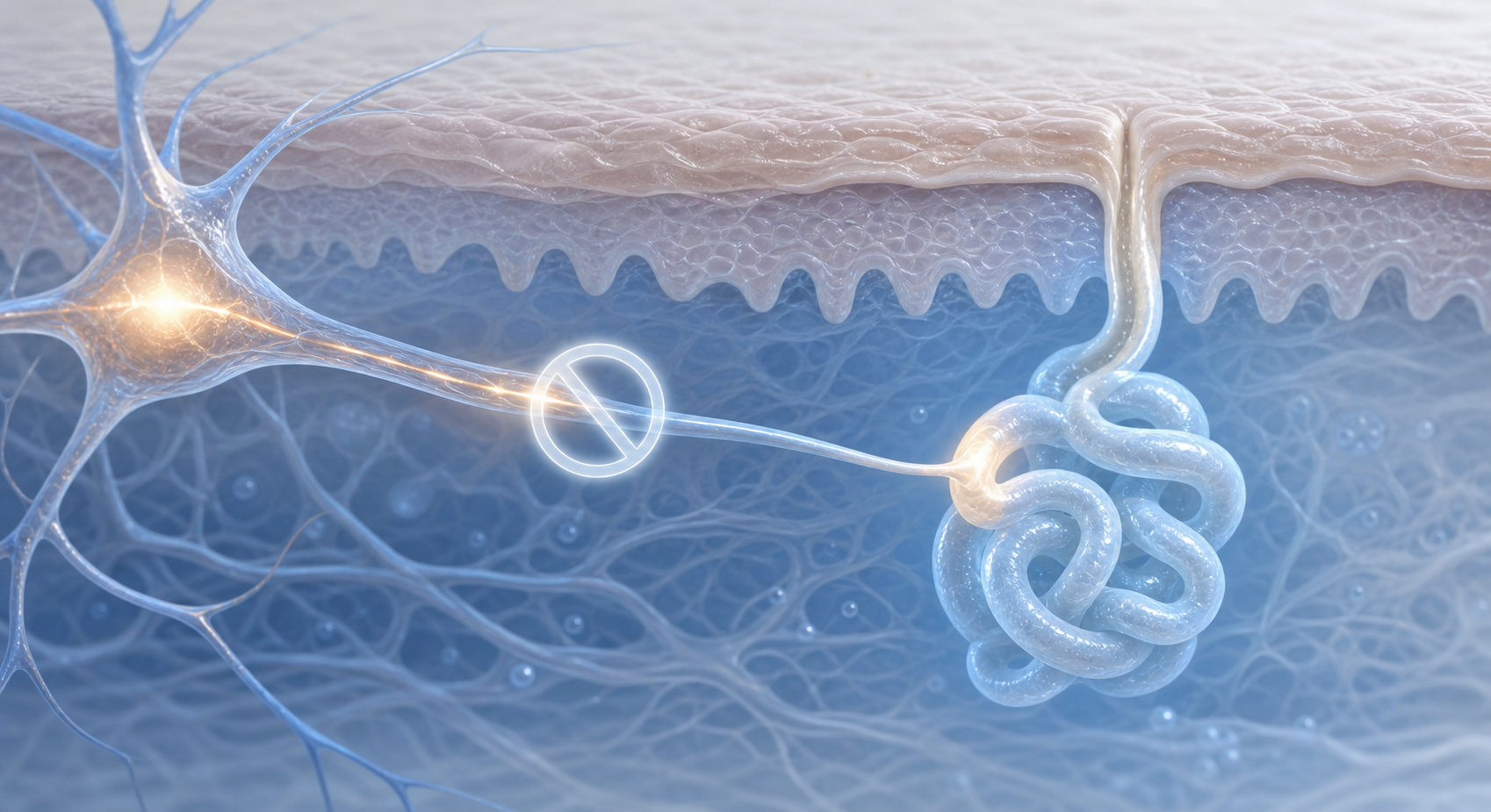A close-up scientific illustration of a nerve synapse and sweat gland connection beneath the skin surface. A glowing nerve signal traveling along a neuron is visually blocked or muted before reaching the sweat gland. The sweat gland is shown as a coiled tubular structure embedded in skin layers. Soft blue and white tones, clean medical illustration style, no text or labels.