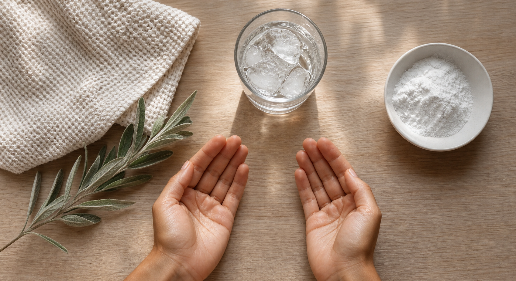 A calm, clean flat-lay scene on a light wooden surface featuring a small towel, a glass of water with ice, a sprig of sage, a white bowl of baking soda, and a pair of relaxed open hands resting nearby, soft natural daylight, wellness and self-care aesthetic, photorealistic style, no text