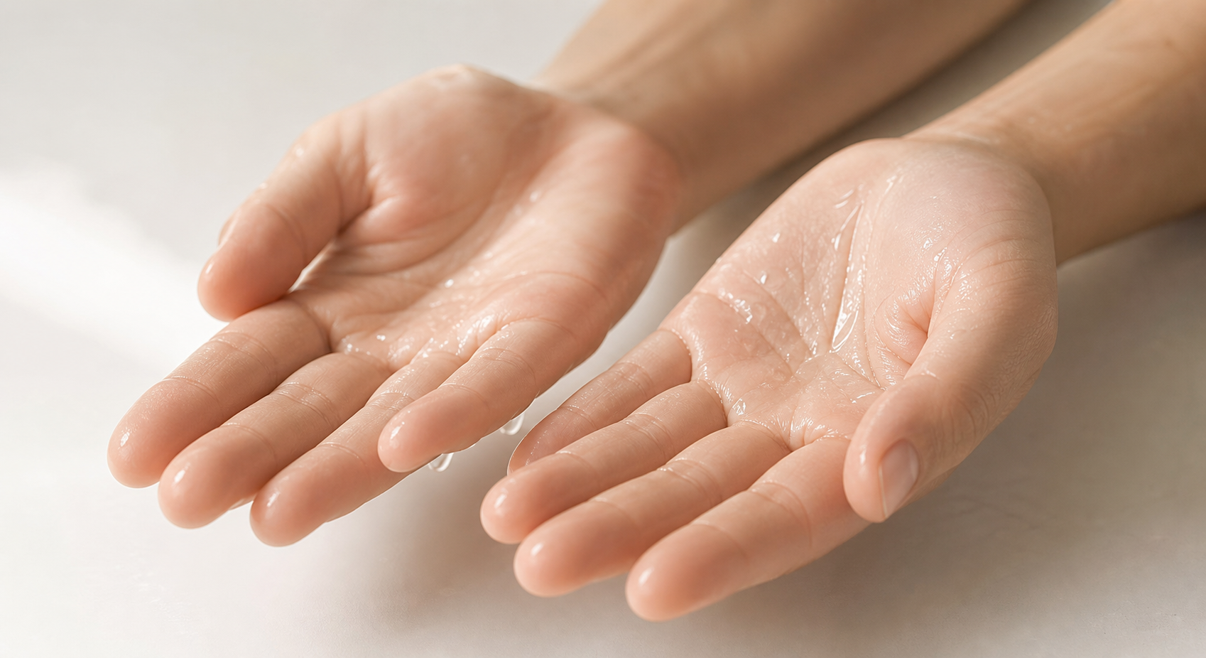 A close-up of a pair of calm, open human hands resting on a surface, with small water droplets visible on the palms, soft clinical lighting, clean and modern medical aesthetic, photorealistic style