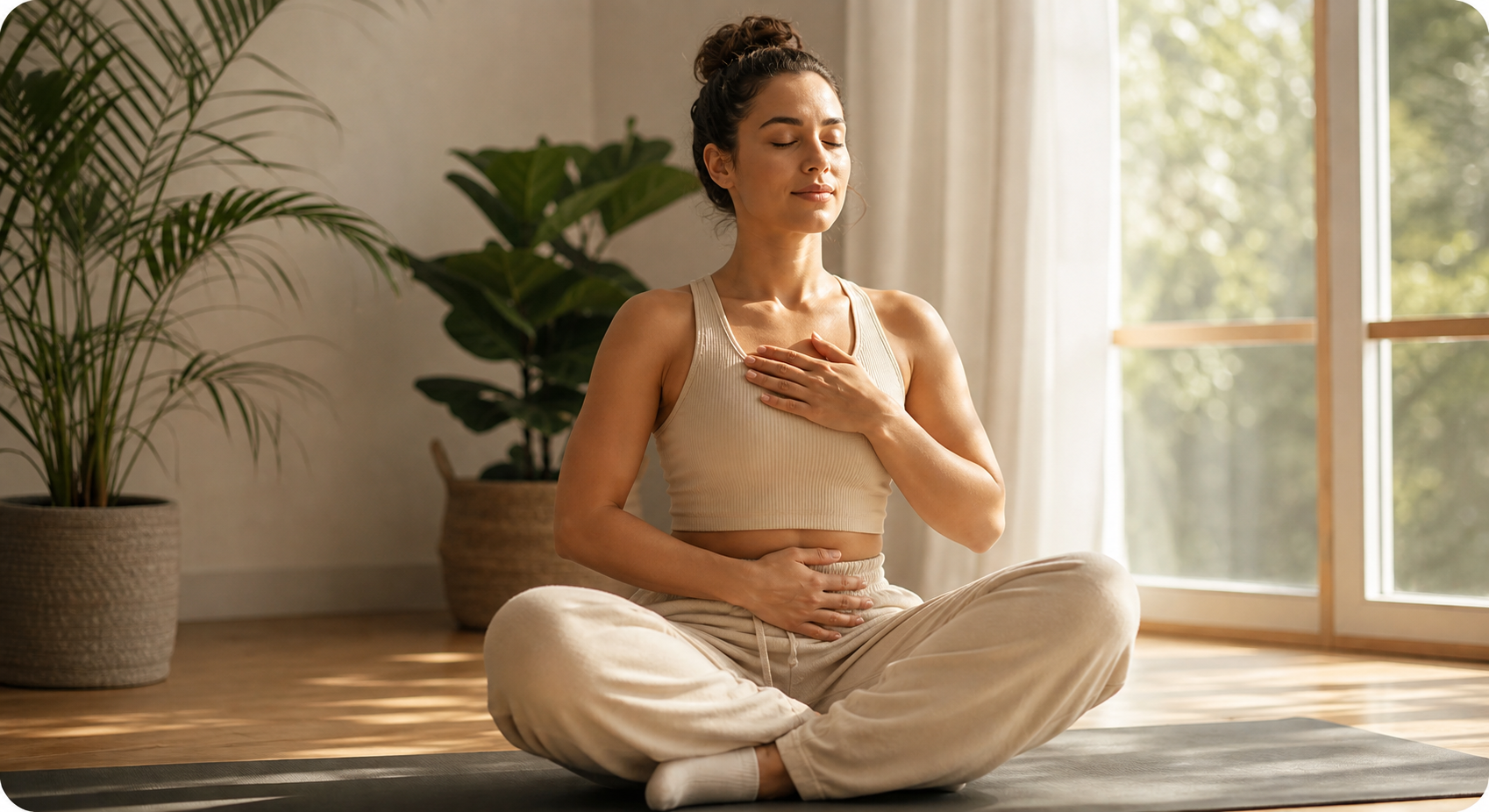 A calm person sitting cross-legged on a yoga mat near a window, practicing deep breathing with eyes closed, soft natural light streaming in, green indoor plants nearby, peaceful and serene home atmosphere, warm muted tones